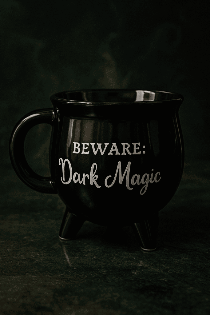 Penna magica nera con scritta "Beware: Dark Magic" in stile gotico, atmosfera oscura e misteriosa.