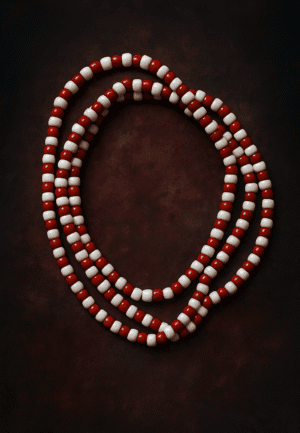 Beaded necklace rossi e bianchi su sfondo scuro, oggetto misterioso e affascinante.