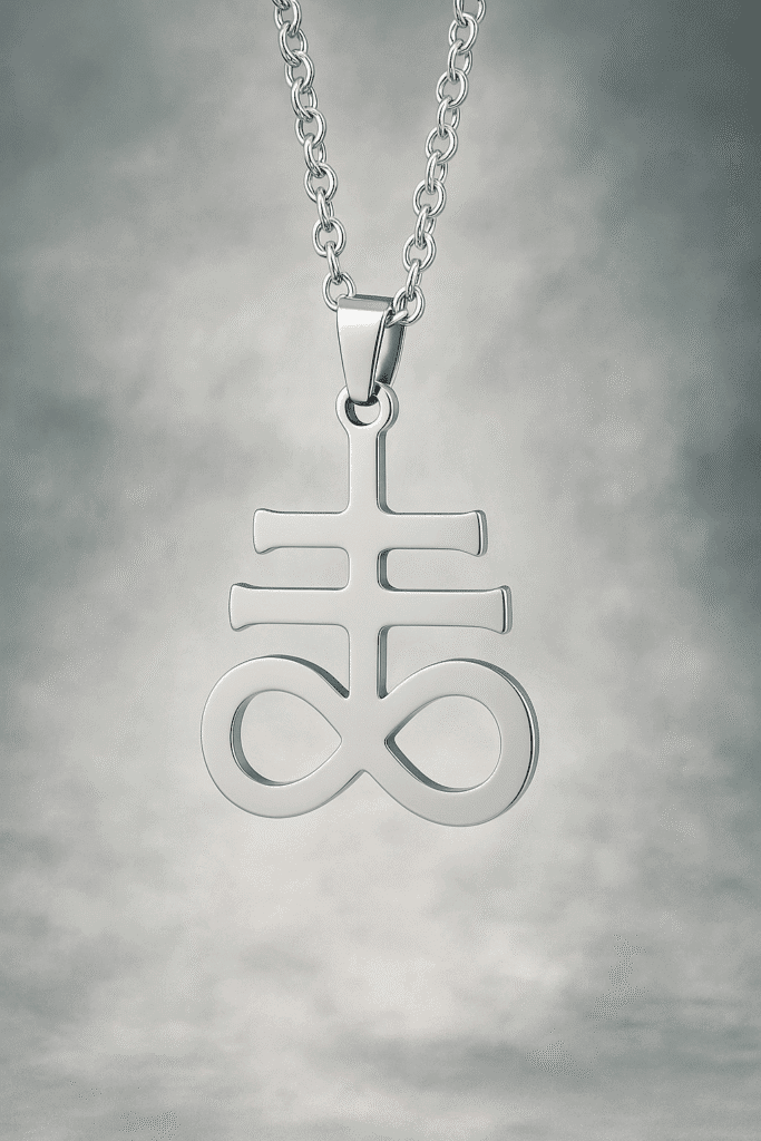 Collana con pendente simbolo infinito e tridente in metallo lucido.