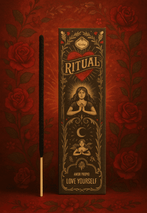 Rito oscuro con illustrazioni di donne in preghiera e simboli lunari, tema di amore e spiritualità.