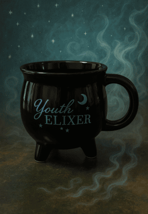 Elisir della giovinezza, tazza magica con luna e stelle, atmosfera misteriosa e incantata, Dark Abyss edizioni.