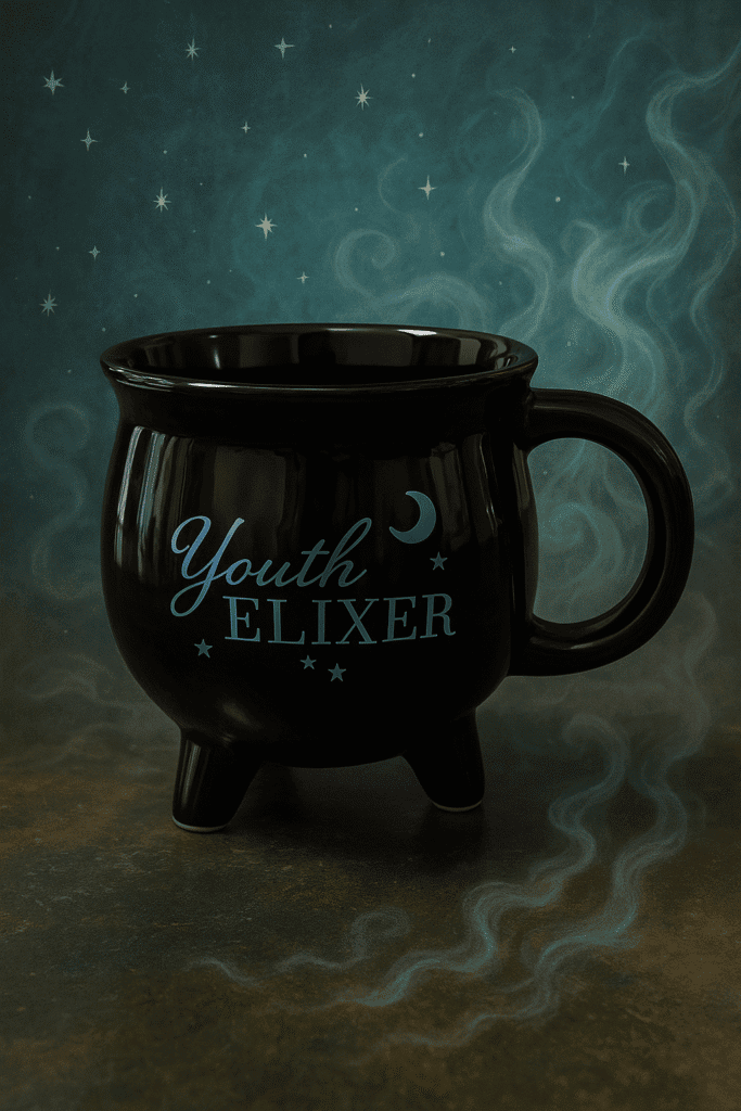 Elisir della giovinezza, tazza magica con luna e stelle, atmosfera misteriosa e incantata, Dark Abyss edizioni.