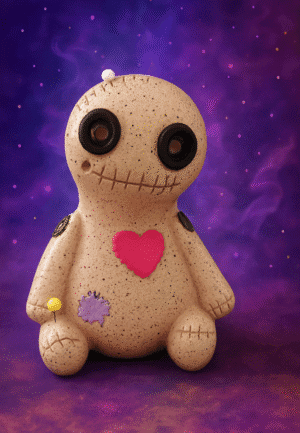 Babbo natale in ceramica con cuore rosa e dettagli colorati, ambientazione spaziale misteriosa.