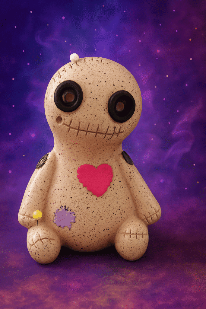 Babbo natale in ceramica con cuore rosa e dettagli colorati, ambientazione spaziale misteriosa.
