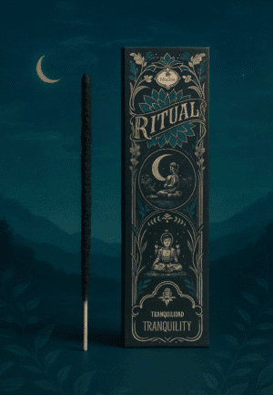 Fumigene di incenso e copertina di un libro con simboli spirituali e meditativi in un’ambientazione notturna.